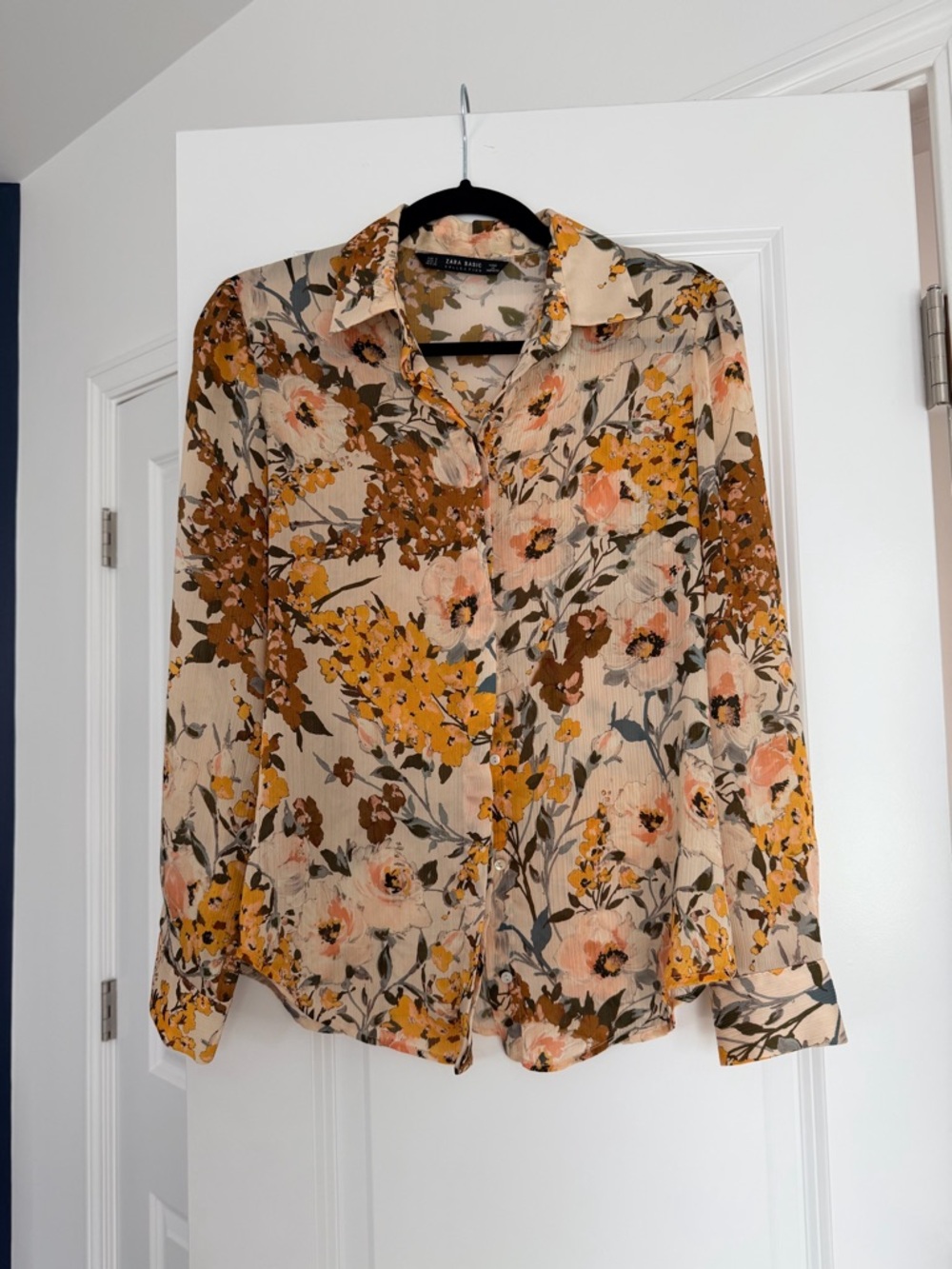 Zara Beige Floral Button-Down Shirt with Mustard & Brown Accents